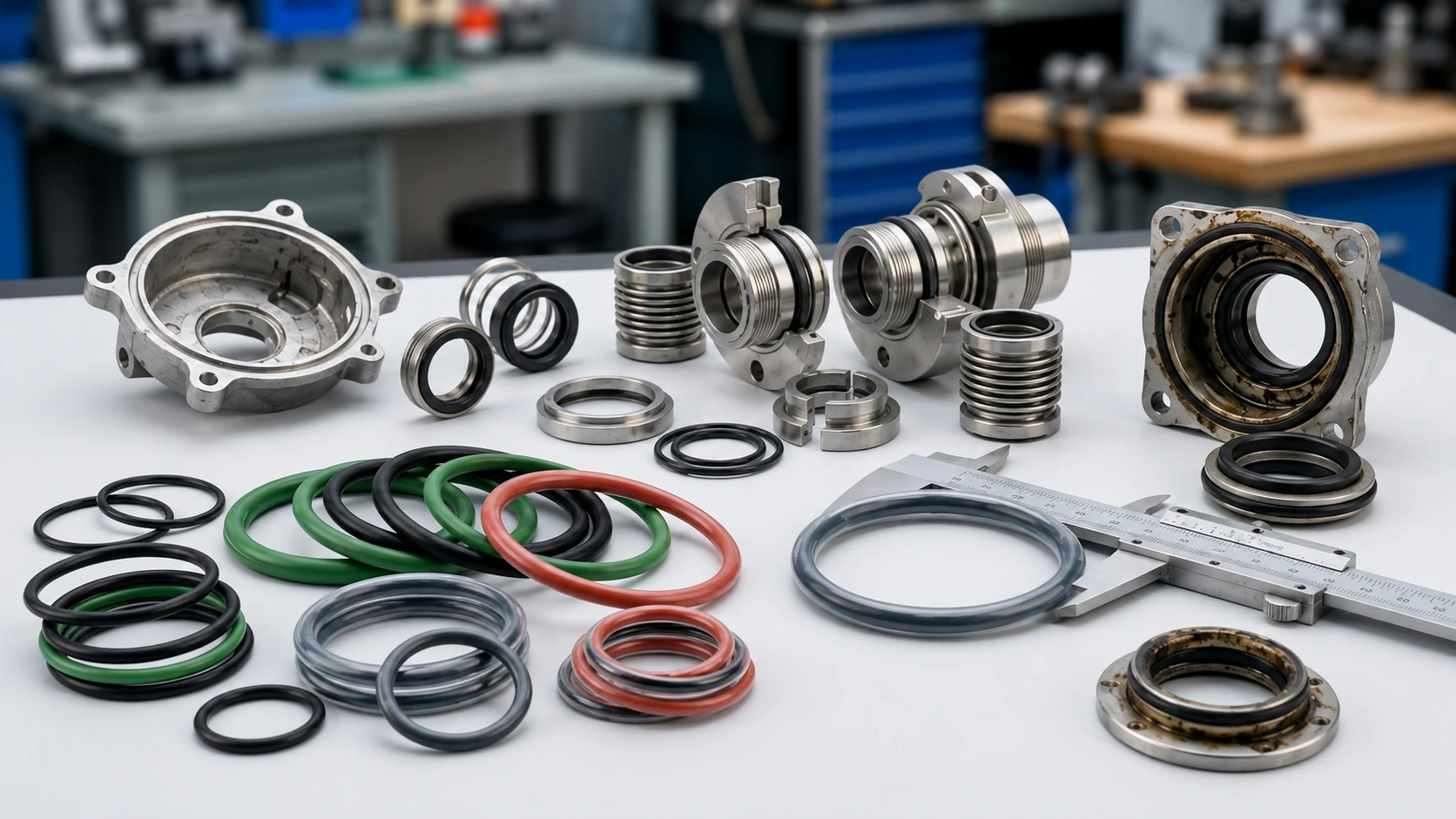 Industrial seals and components on workbench